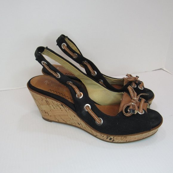 Sperry Black Wedge Sling Back Peep Toe Heels Sandals - Picture 4 of 10